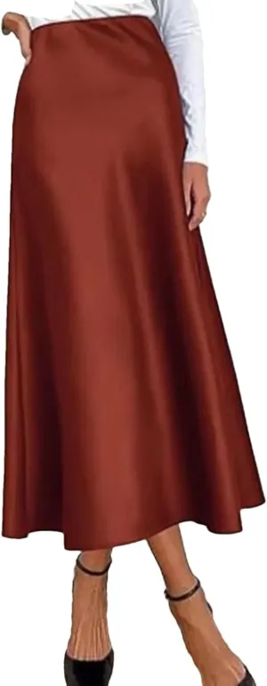 Women Long Satin Skirt Silk Elegant High Waist Cocktail Party Wedding Flared A Tennis Skirts