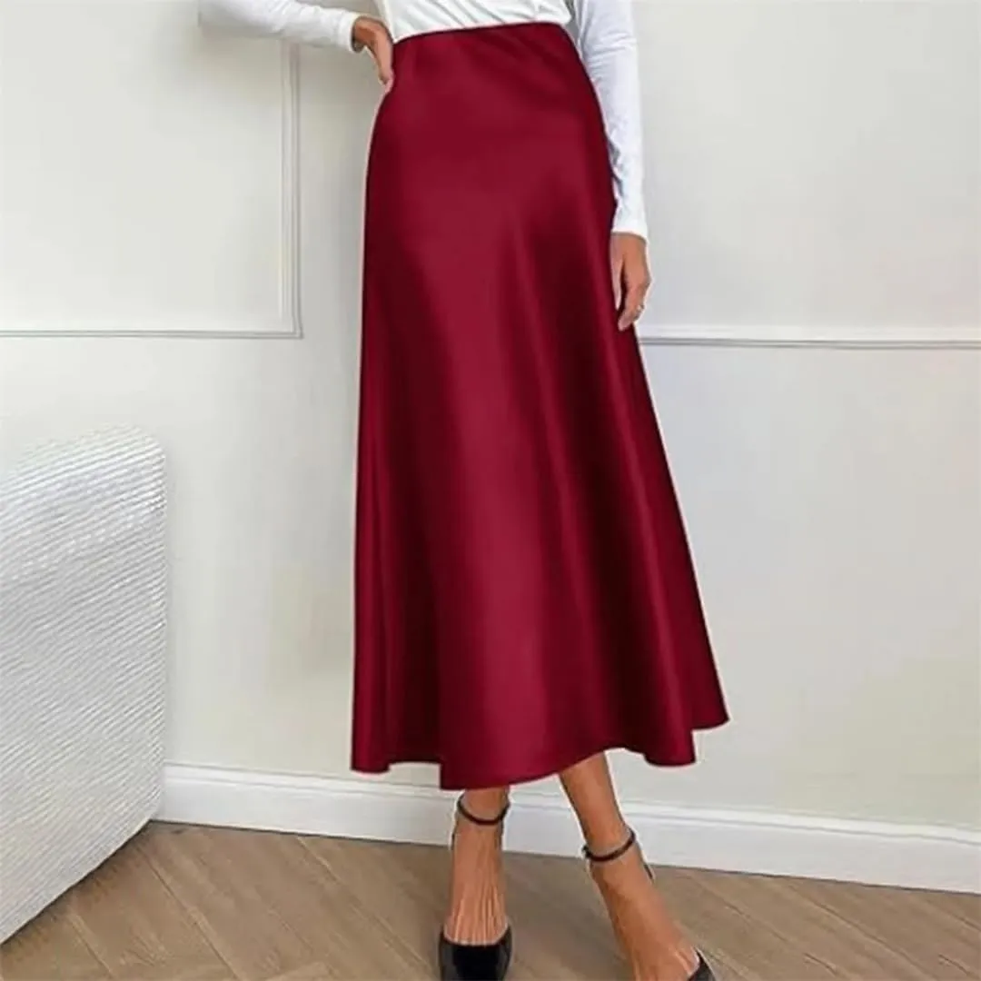 Women Long Satin Skirt Silk Elegant High Waist Cocktail Party Wedding Flared A Tennis Skirts