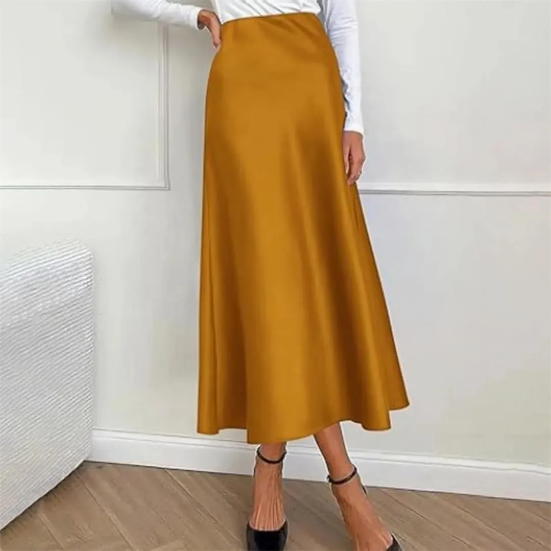 Women Long Satin Skirt Silk Elegant High Waist Cocktail Party Wedding Flared A Tennis Skirts