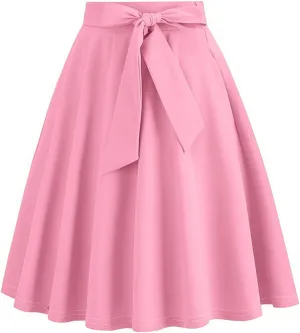 Women Retro Skirt 50s Vintage Hepburn Style High Waist Flared A-Line Skirts Rockabilly Midi Swing Skirt with Pocket