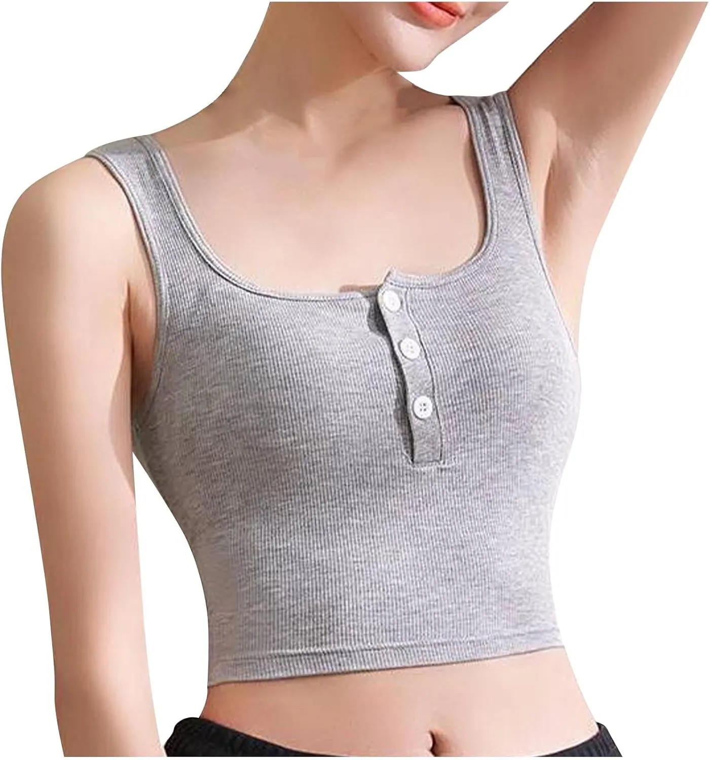 Women Ribbed Crop Tank Tops Button Square Neck Sleeveless Basic Fitted T-Shirt Summer Built in Bra Yoga Henley Vest