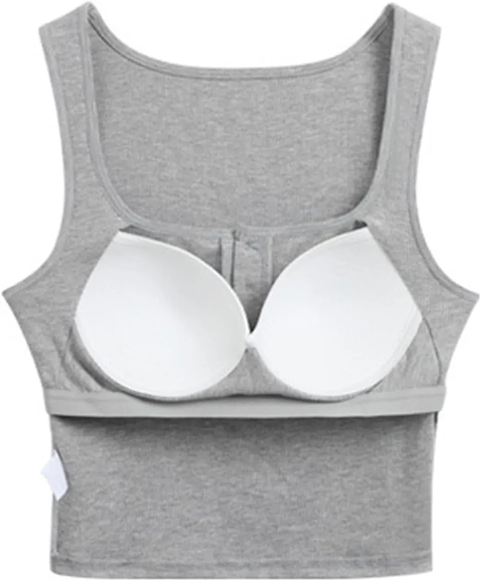 Women Ribbed Crop Tank Tops Button Square Neck Sleeveless Basic Fitted T-Shirt Summer Built in Bra Yoga Henley Vest