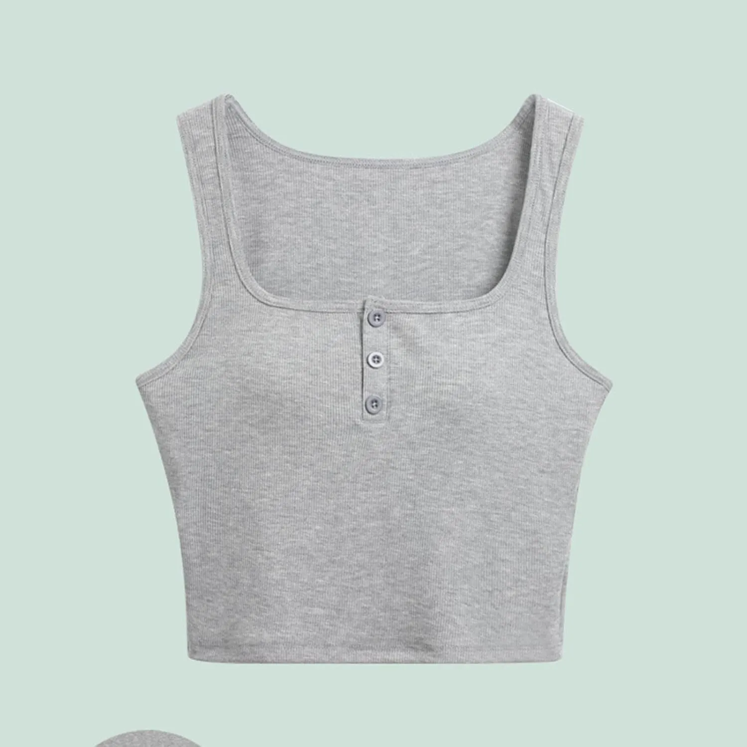 Women Ribbed Crop Tank Tops Button Square Neck Sleeveless Basic Fitted T-Shirt Summer Built in Bra Yoga Henley Vest