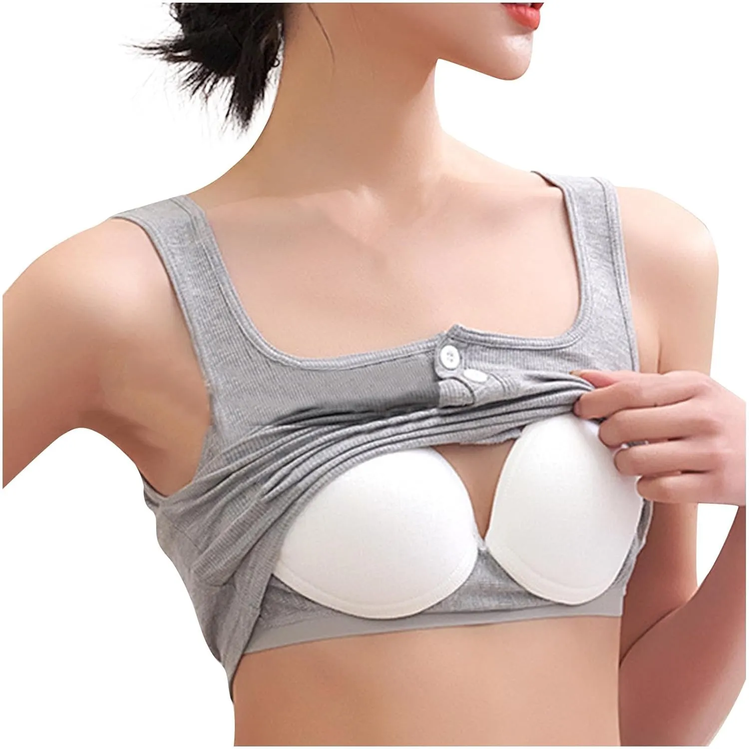Women Ribbed Crop Tank Tops Button Square Neck Sleeveless Basic Fitted T-Shirt Summer Built in Bra Yoga Henley Vest