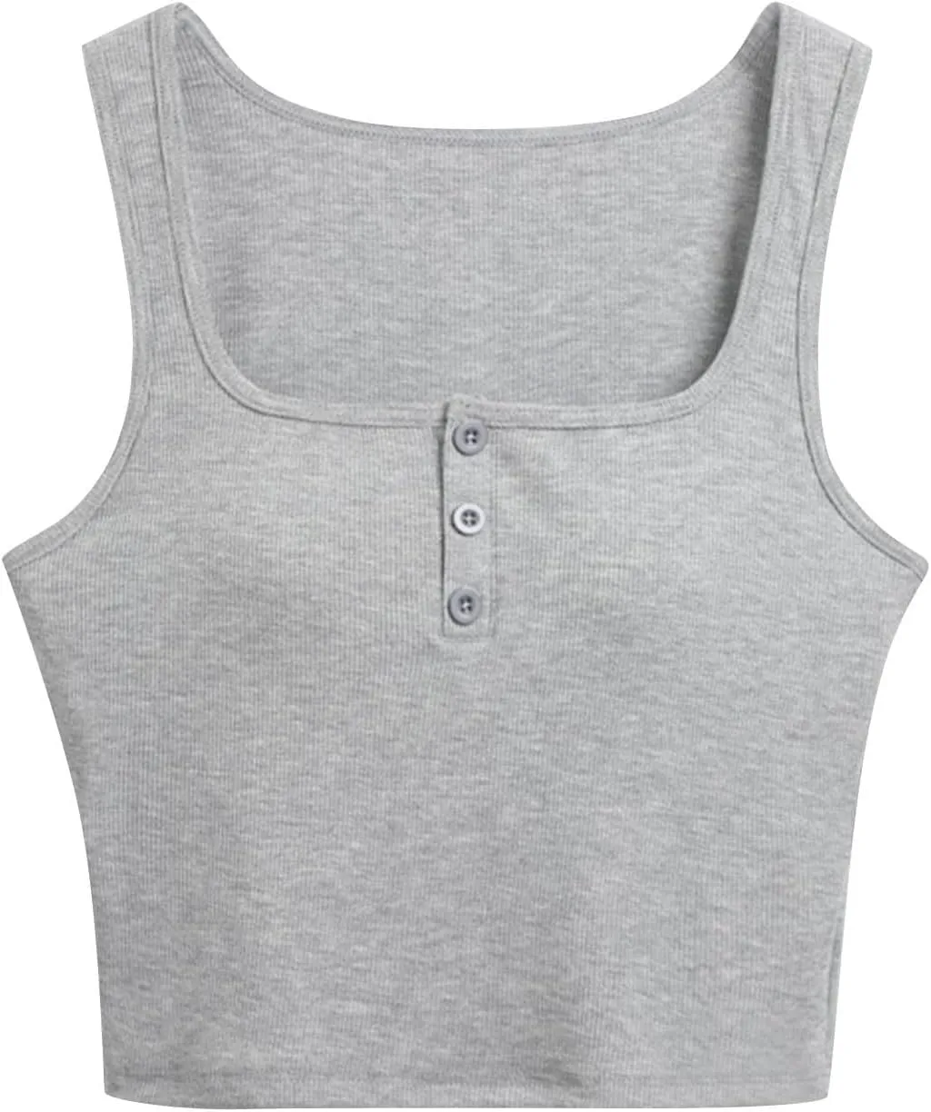 Women Ribbed Crop Tank Tops Button Square Neck Sleeveless Basic Fitted T-Shirt Summer Built in Bra Yoga Henley Vest