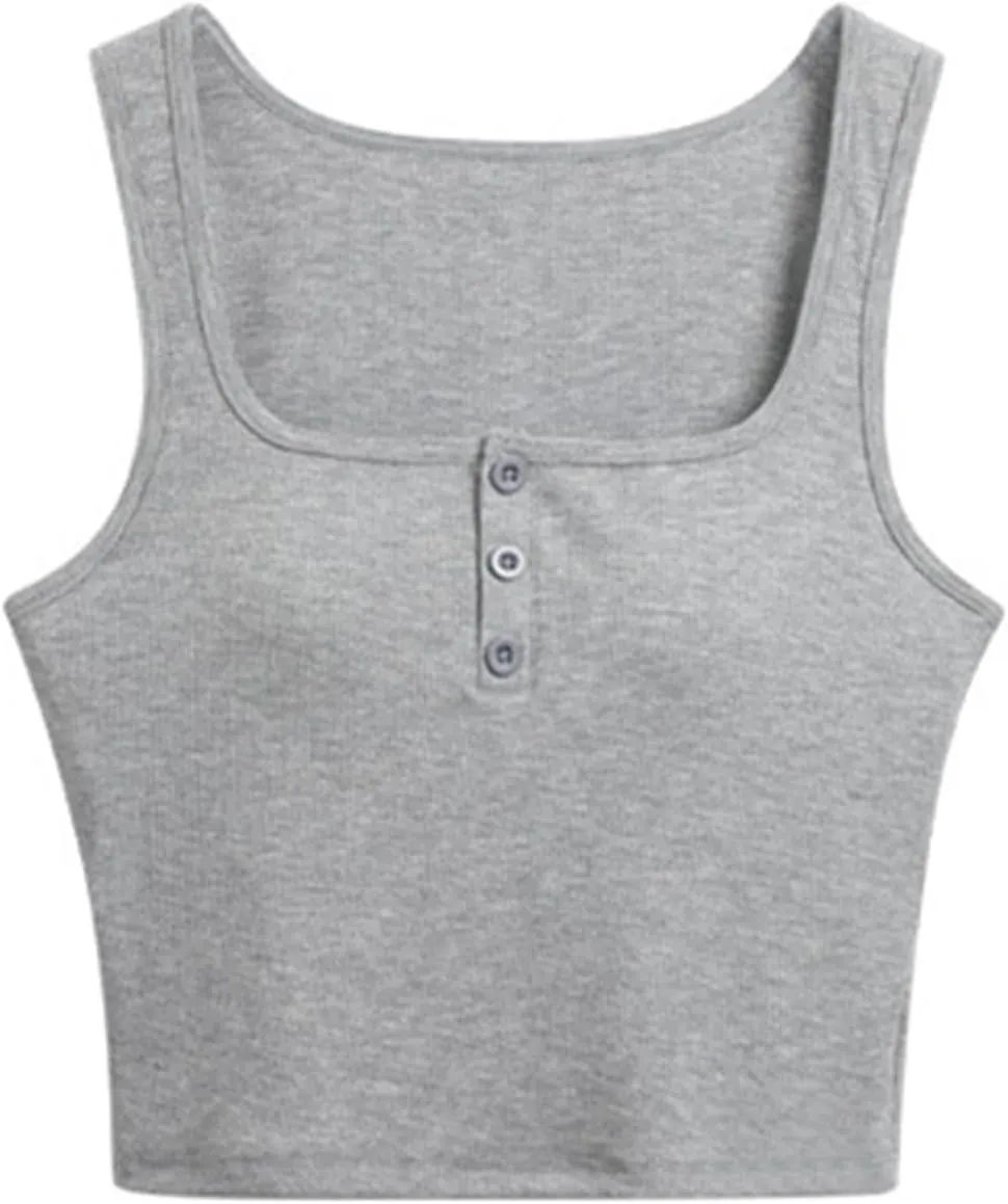 Women Ribbed Crop Tank Tops Button Square Neck Sleeveless Basic Fitted T-Shirt Summer Built in Bra Yoga Henley Vest