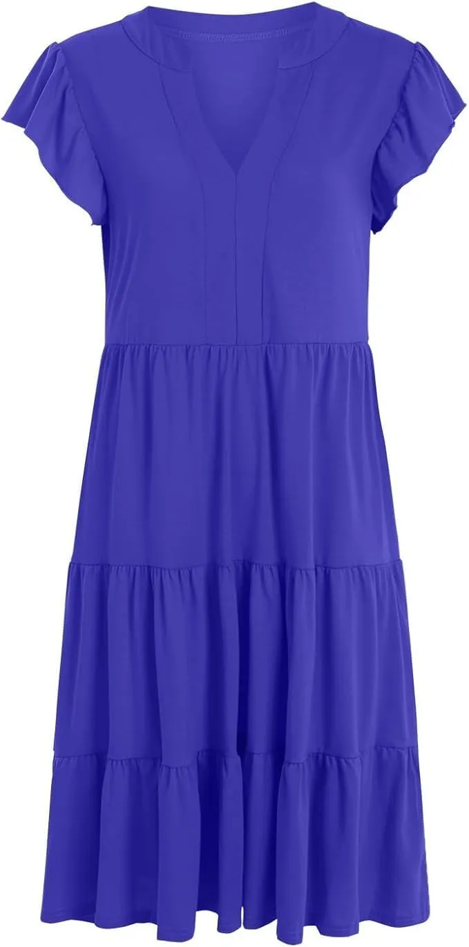 Women Ruffle Sleeve V Neck Midi Dresses Tiered Flowy A Line Casual Loose Beach Dress Pleated Sundress with Pocket