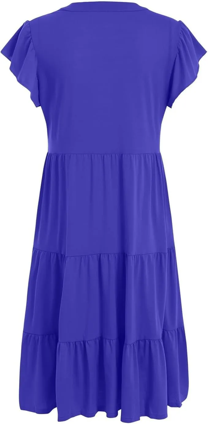 Women Ruffle Sleeve V Neck Midi Dresses Tiered Flowy A Line Casual Loose Beach Dress Pleated Sundress with Pocket