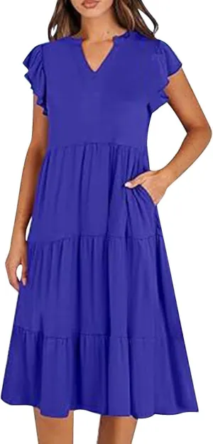 Women Ruffle Sleeve V Neck Midi Dresses Tiered Flowy A Line Casual Loose Beach Dress Pleated Sundress with Pocket
