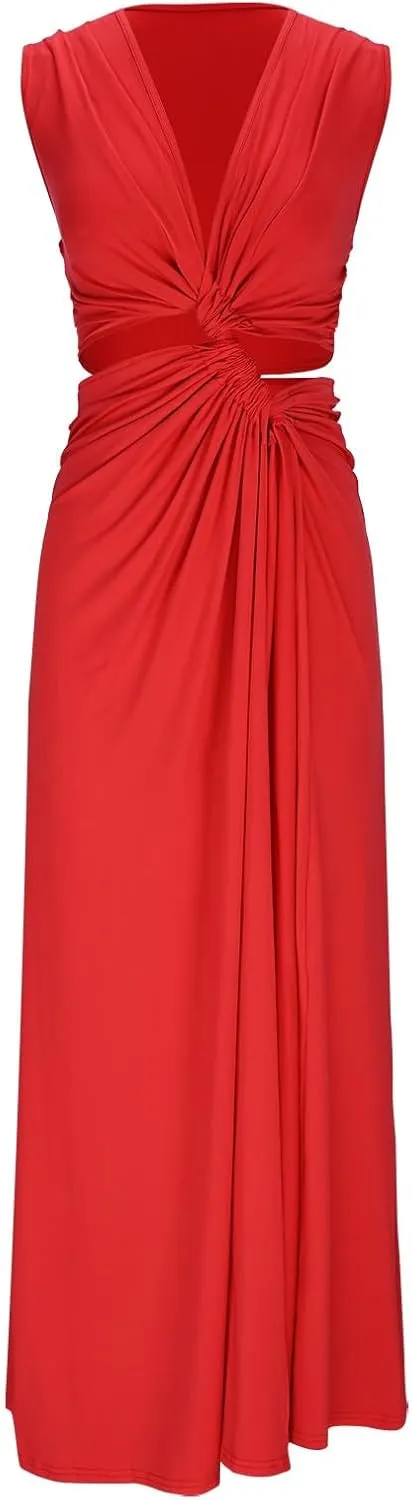 Women Sexy V Neck Sleeveless Bodycon Dress Twist Front Hollow Out High Split Dresses Cocktail Party Long Maxi Dress