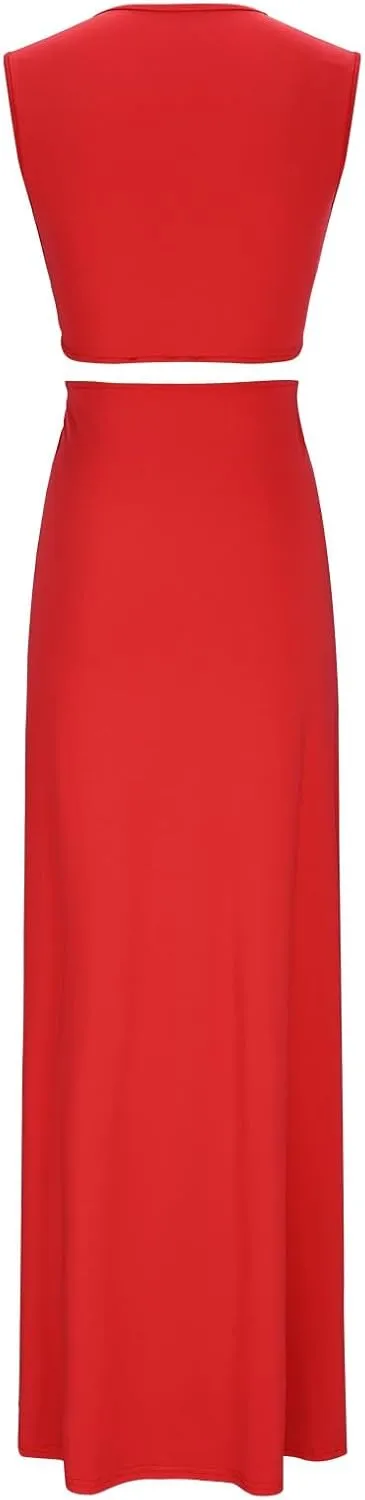 Women Sexy V Neck Sleeveless Bodycon Dress Twist Front Hollow Out High Split Dresses Cocktail Party Long Maxi Dress