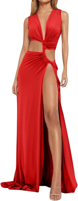 Women Sexy V Neck Sleeveless Bodycon Dress Twist Front Hollow Out High Split Dresses Cocktail Party Long Maxi Dress