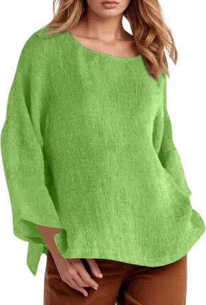 Women Short Sleeve Cotton Linen Shirts Casual Crew Neck Henley T Shirt Bohemian Boho Loose Summer Tee Tops