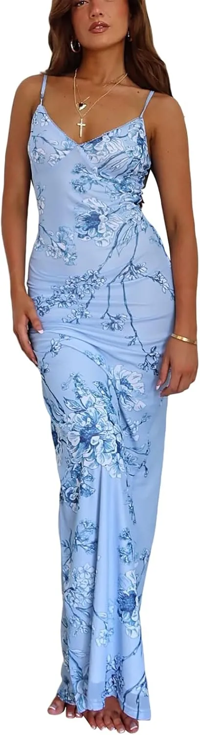 Women Sleeveless Floral Print Maxi Dress Sexy Backless Bodycon Long Dress Evening Cocktail Party Dress