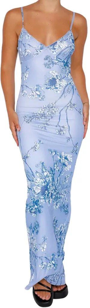 Women Sleeveless Floral Print Maxi Dress Sexy Backless Bodycon Long Dress Evening Cocktail Party Dress