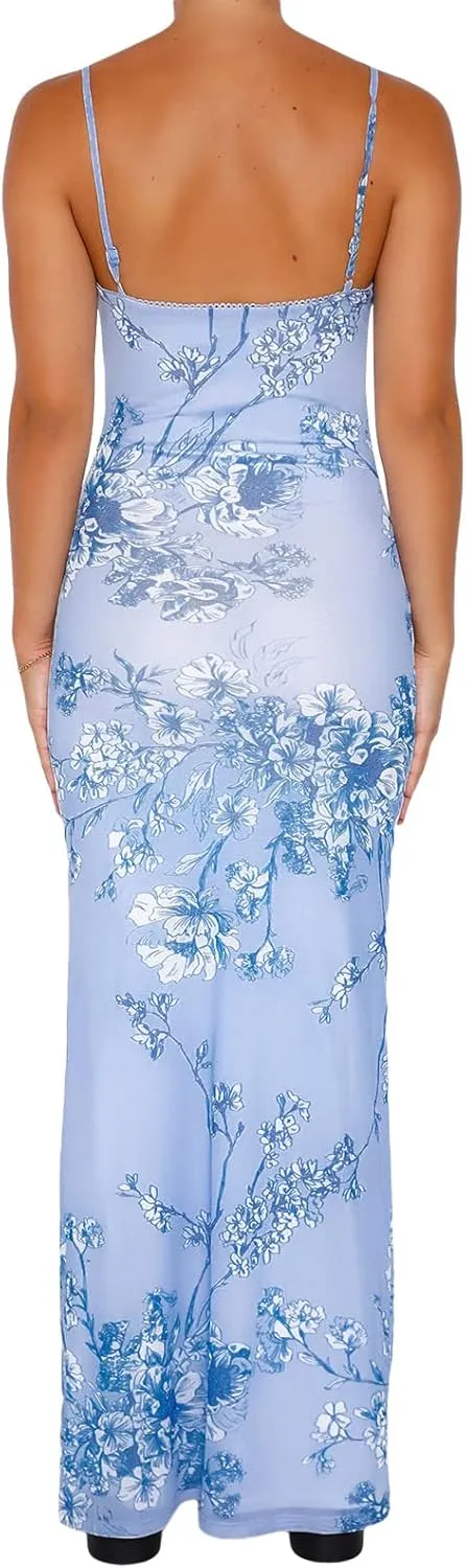 Women Sleeveless Floral Print Maxi Dress Sexy Backless Bodycon Long Dress Evening Cocktail Party Dress