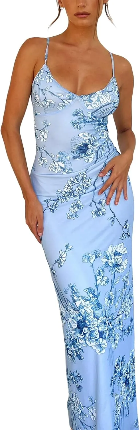 Women Sleeveless Floral Print Maxi Dress Sexy Backless Bodycon Long Dress Evening Cocktail Party Dress