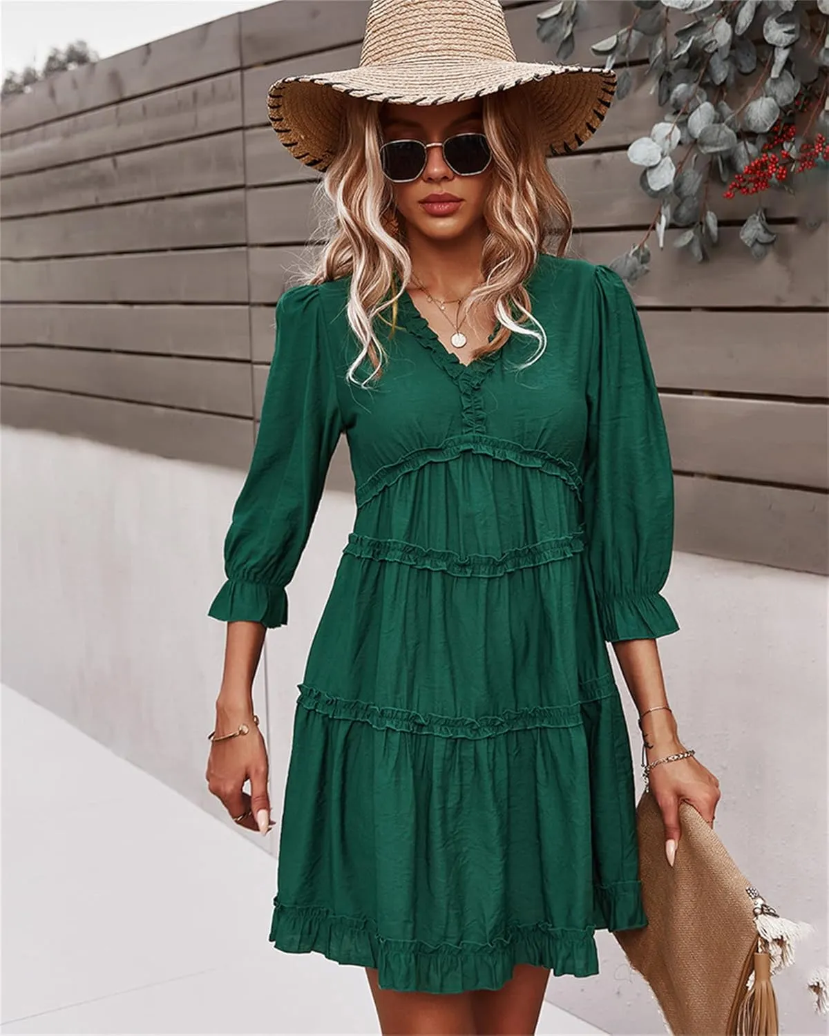 Women Spring Summer Deep V Neck Skirt Casual Ruffle Long Sleeve Floral Print Dress Short Loose Flowy Swing Shift Dresses
