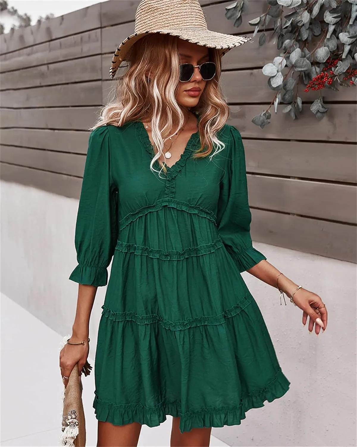 Women Spring Summer Deep V Neck Skirt Casual Ruffle Long Sleeve Floral Print Dress Short Loose Flowy Swing Shift Dresses