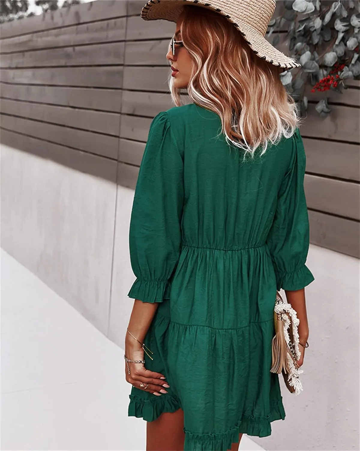 Women Spring Summer Deep V Neck Skirt Casual Ruffle Long Sleeve Floral Print Dress Short Loose Flowy Swing Shift Dresses