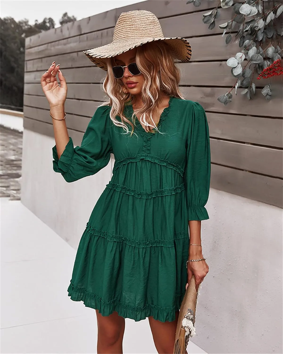 Women Spring Summer Deep V Neck Skirt Casual Ruffle Long Sleeve Floral Print Dress Short Loose Flowy Swing Shift Dresses