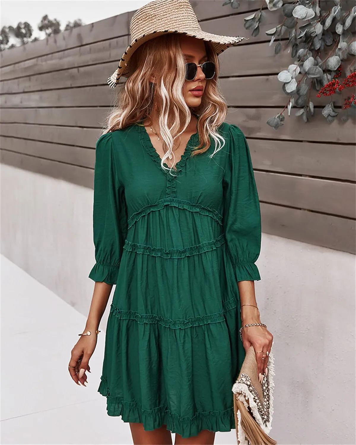 Women Spring Summer Deep V Neck Skirt Casual Ruffle Long Sleeve Floral Print Dress Short Loose Flowy Swing Shift Dresses