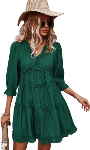 Women Spring Summer Deep V Neck Skirt Casual Ruffle Long Sleeve Floral Print Dress Short Loose Flowy Swing Shift Dresses