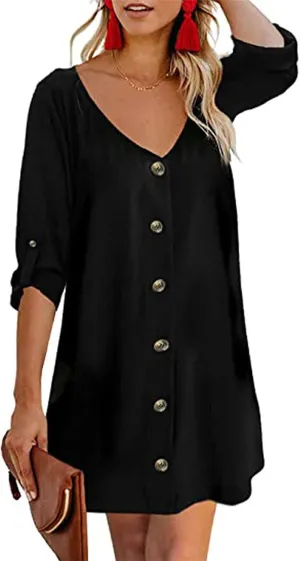 Women Summer Button Down V Neck Dress Casual 3/4 Bell Sleeve Mini Dress Loose Tunic Vintage Flowy Swing Shift Dresses