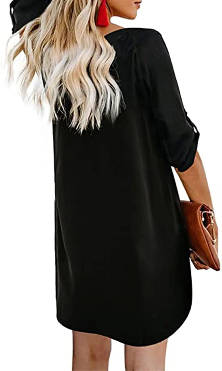 Women Summer Button Down V Neck Dress Casual 3/4 Bell Sleeve Mini Dress Loose Tunic Vintage Flowy Swing Shift Dresses