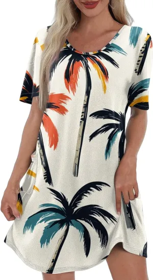 Women Summer Casual Dresses 2025 Hawaiian Printed T Shirt Dresses Loose V-Neck Beach Short Sleeve Dress with Pocket