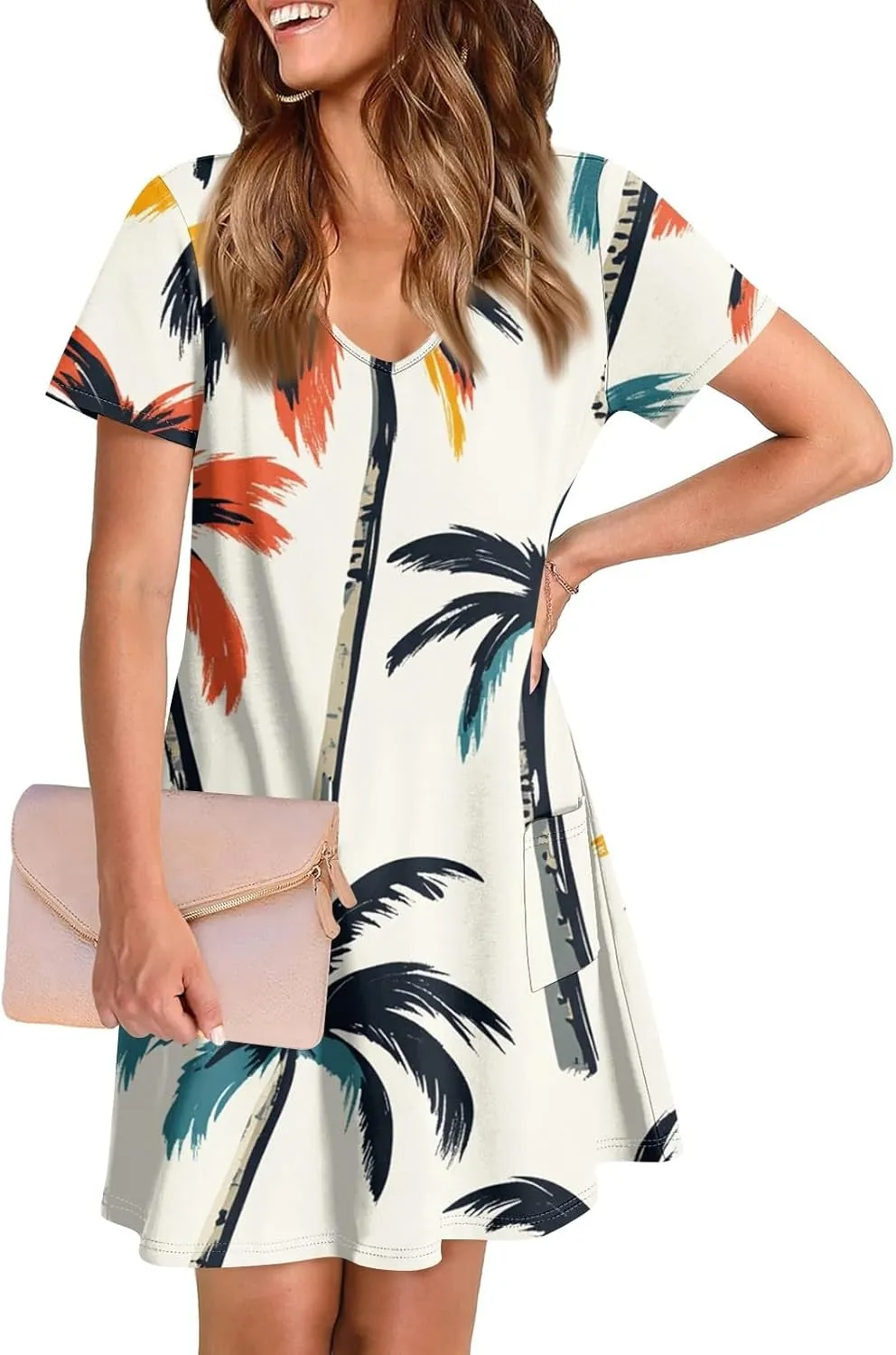 Women Summer Casual Dresses 2025 Hawaiian Printed T Shirt Dresses Loose V-Neck Beach Short Sleeve Dress with Pocket