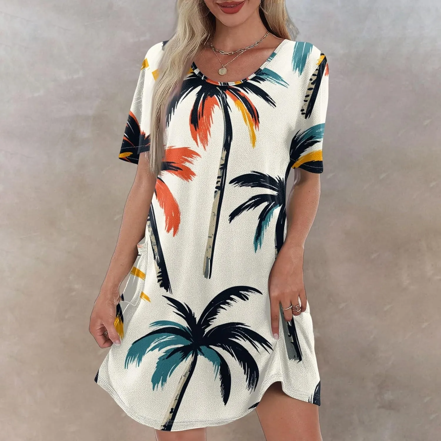Women Summer Casual Dresses 2025 Hawaiian Printed T Shirt Dresses Loose V-Neck Beach Short Sleeve Dress with Pocket