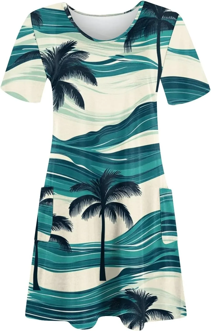 Women Summer Casual Dresses 2025 Hawaiian Printed T Shirt Dresses Loose V-Neck Beach Short Sleeve Dress with Pocket