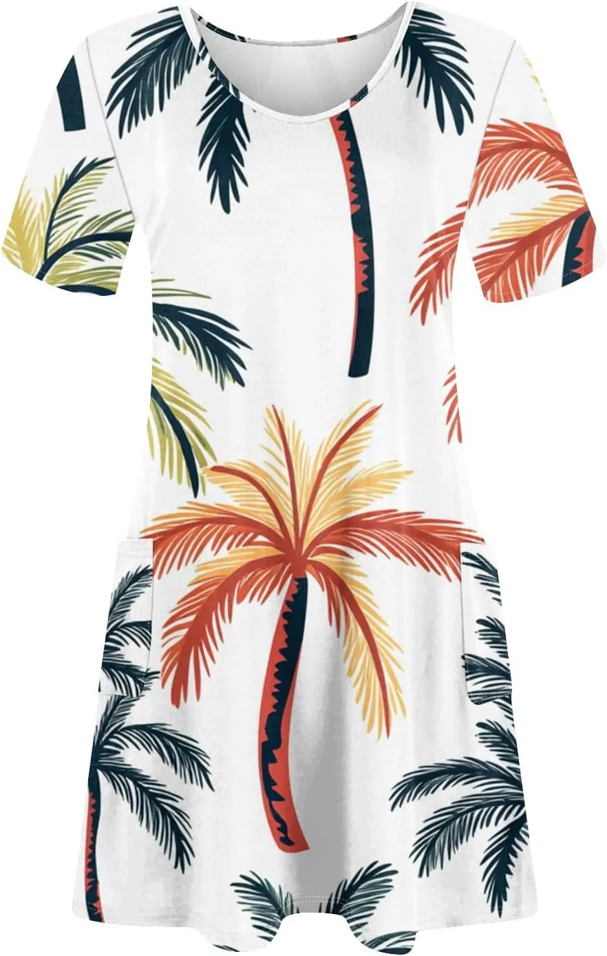 Women Summer Casual Dresses 2025 Hawaiian Printed T Shirt Dresses Loose V-Neck Beach Short Sleeve Dress with Pocket