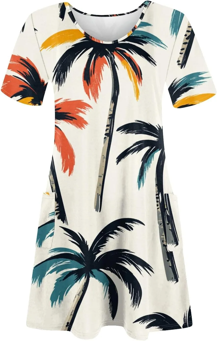 Women Summer Casual Dresses 2025 Hawaiian Printed T Shirt Dresses Loose V-Neck Beach Short Sleeve Dress with Pocket