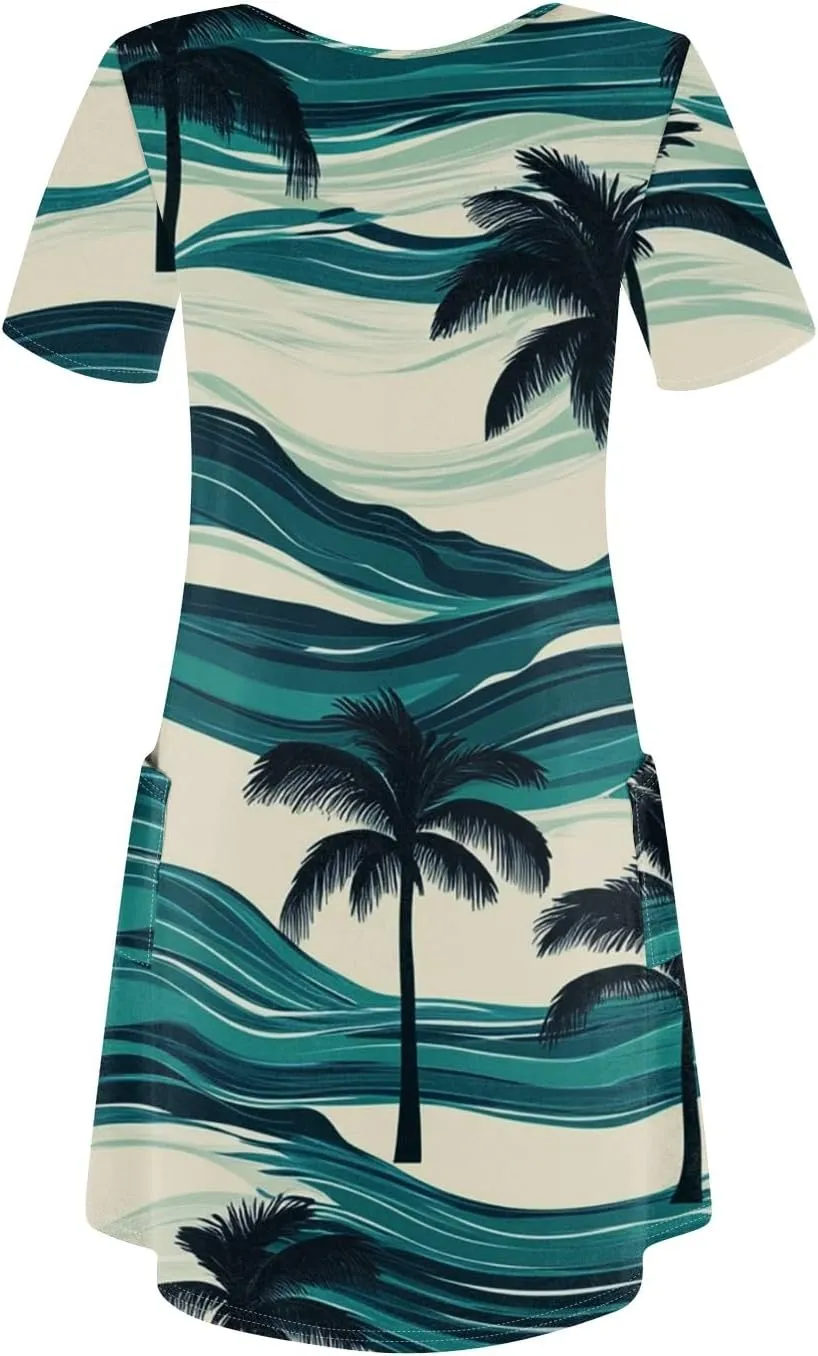 Women Summer Casual Dresses 2025 Hawaiian Printed T Shirt Dresses Loose V-Neck Beach Short Sleeve Dress with Pocket