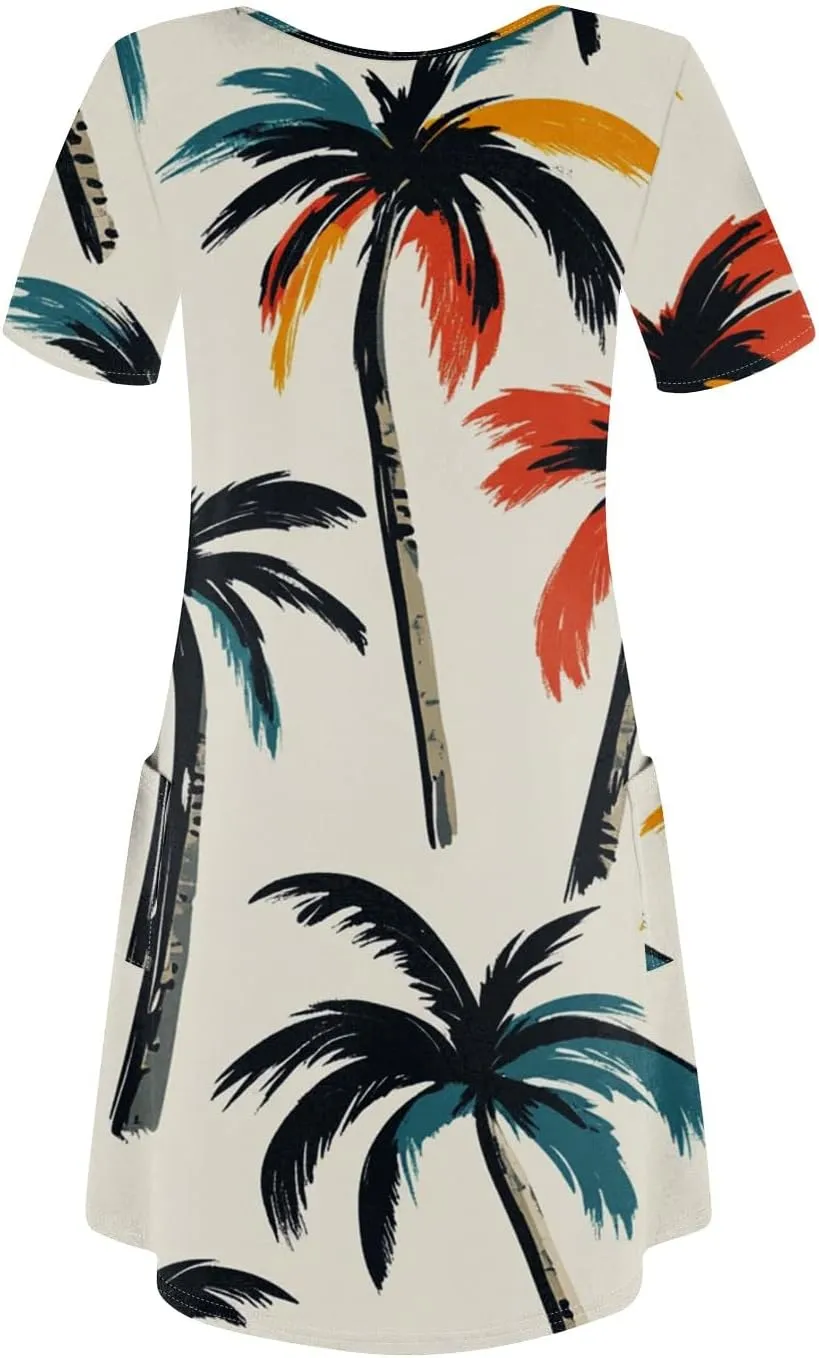 Women Summer Casual Dresses 2025 Hawaiian Printed T Shirt Dresses Loose V-Neck Beach Short Sleeve Dress with Pocket