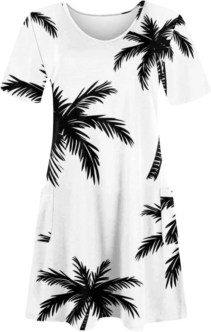 Women Summer Casual Dresses 2025 Hawaiian Printed T Shirt Dresses Loose V-Neck Beach Short Sleeve Dress with Pocket