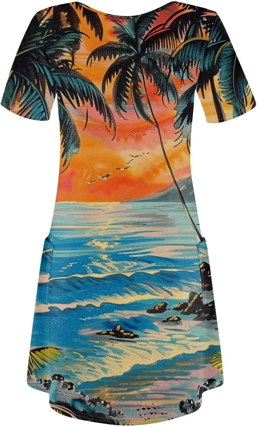 Women Summer Casual Dresses 2025 Hawaiian Printed T Shirt Dresses Loose V-Neck Beach Short Sleeve Dress with Pocket