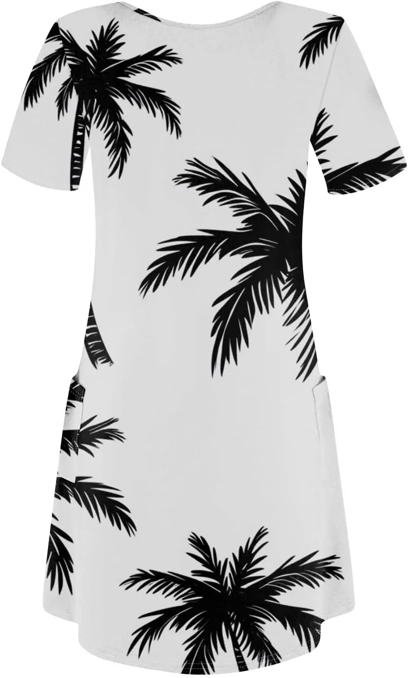 Women Summer Casual Dresses 2025 Hawaiian Printed T Shirt Dresses Loose V-Neck Beach Short Sleeve Dress with Pocket