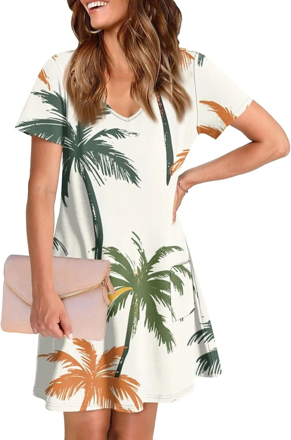 Women Summer Casual Dresses 2025 Hawaiian Printed T Shirt Dresses Loose V-Neck Beach Short Sleeve Dress with Pocket
