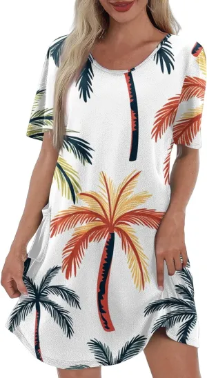 Women Summer Casual Dresses 2025 Hawaiian Printed T Shirt Dresses Loose V-Neck Beach Short Sleeve Dress with Pocket