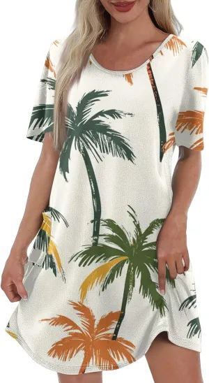 Women Summer Casual Dresses 2025 Hawaiian Printed T Shirt Dresses Loose V-Neck Beach Short Sleeve Dress with Pocket
