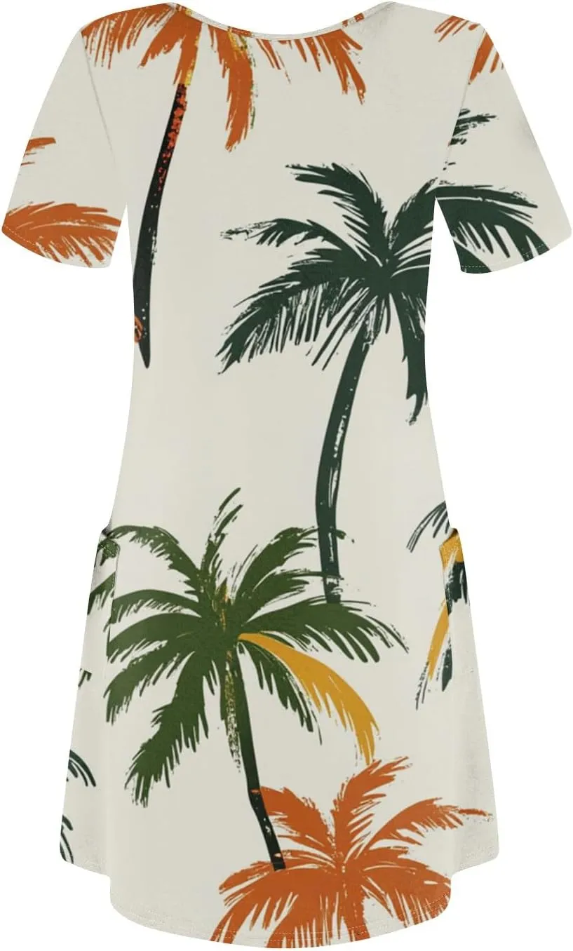 Women Summer Casual Dresses 2025 Hawaiian Printed T Shirt Dresses Loose V-Neck Beach Short Sleeve Dress with Pocket