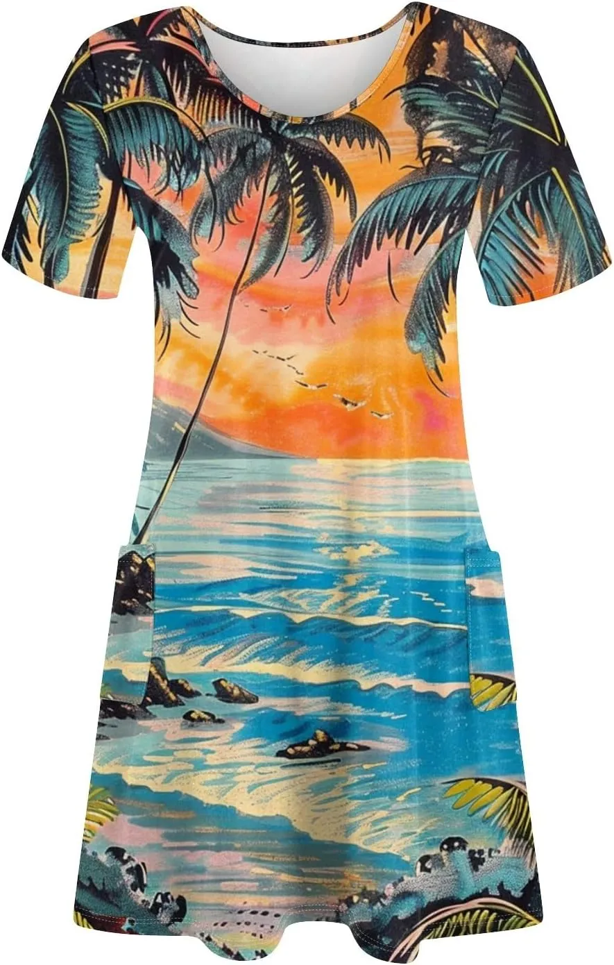 Women Summer Casual Dresses 2025 Hawaiian Printed T Shirt Dresses Loose V-Neck Beach Short Sleeve Dress with Pocket