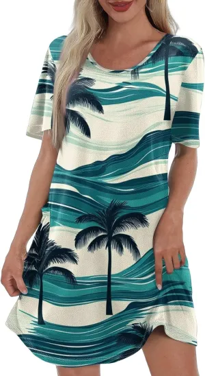 Women Summer Casual Dresses 2025 Hawaiian Printed T Shirt Dresses Loose V-Neck Beach Short Sleeve Dress with Pocket