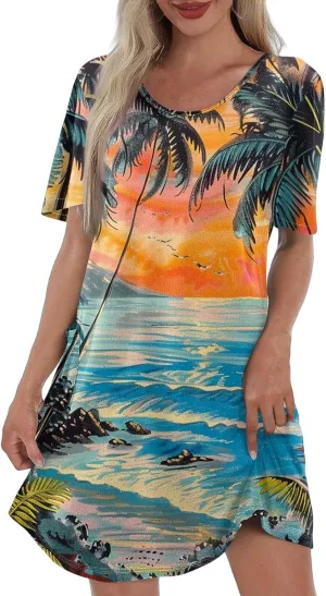 Women Summer Casual Dresses 2025 Hawaiian Printed T Shirt Dresses Loose V-Neck Beach Short Sleeve Dress with Pocket