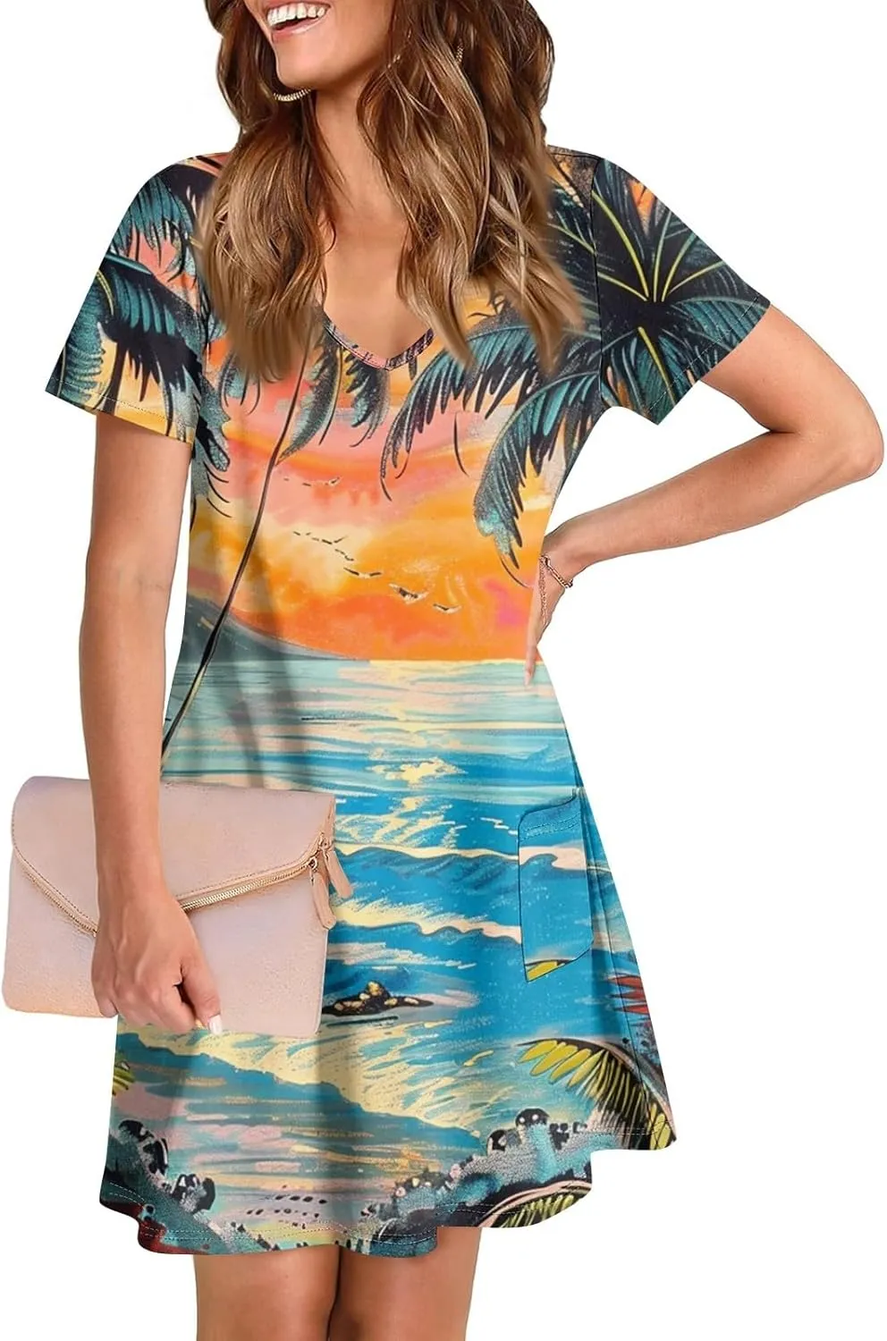 Women Summer Casual Dresses 2025 Hawaiian Printed T Shirt Dresses Loose V-Neck Beach Short Sleeve Dress with Pocket
