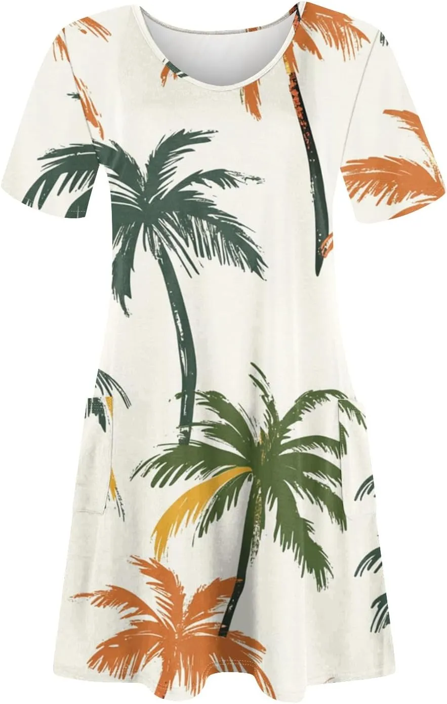 Women Summer Casual Dresses 2025 Hawaiian Printed T Shirt Dresses Loose V-Neck Beach Short Sleeve Dress with Pocket