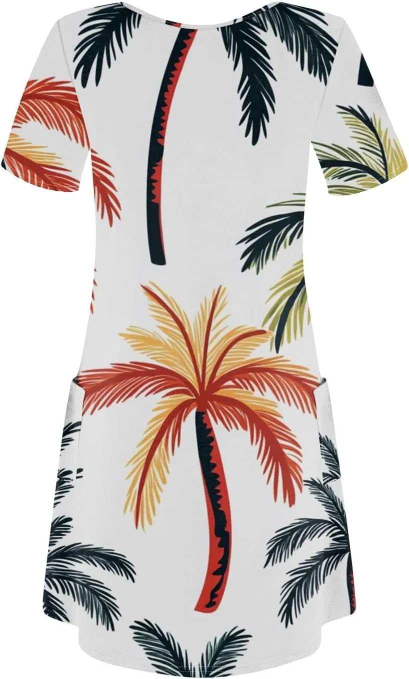 Women Summer Casual Dresses 2025 Hawaiian Printed T Shirt Dresses Loose V-Neck Beach Short Sleeve Dress with Pocket